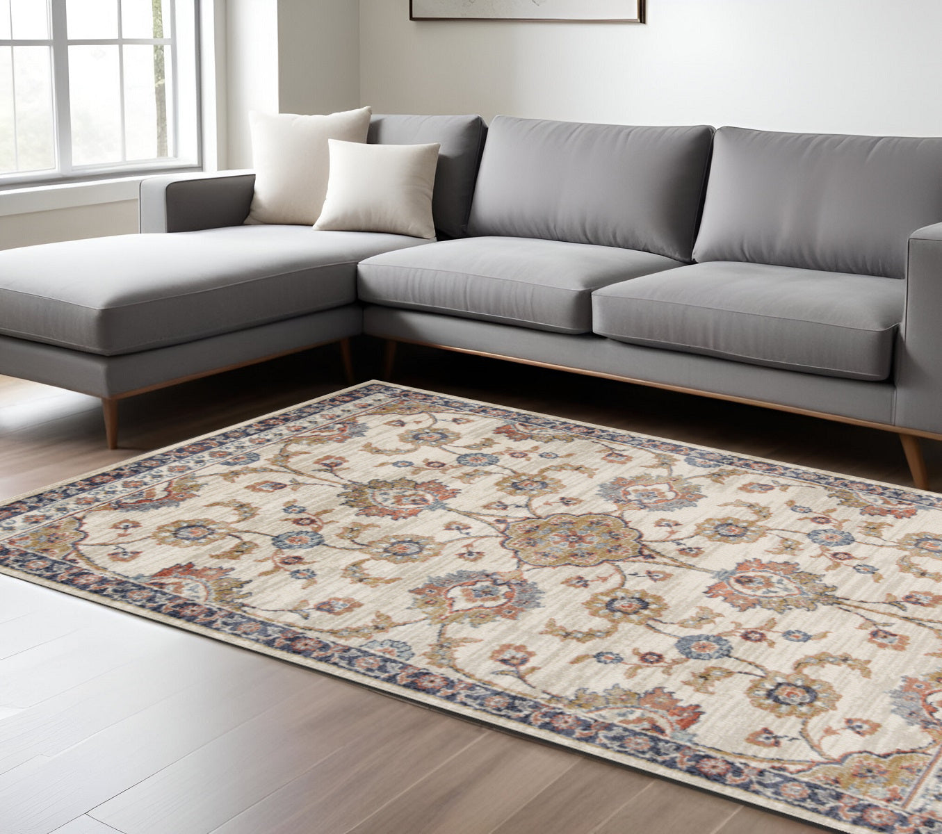 9' X 12' Ivory Tan And Blue Floral Area Rug-0
