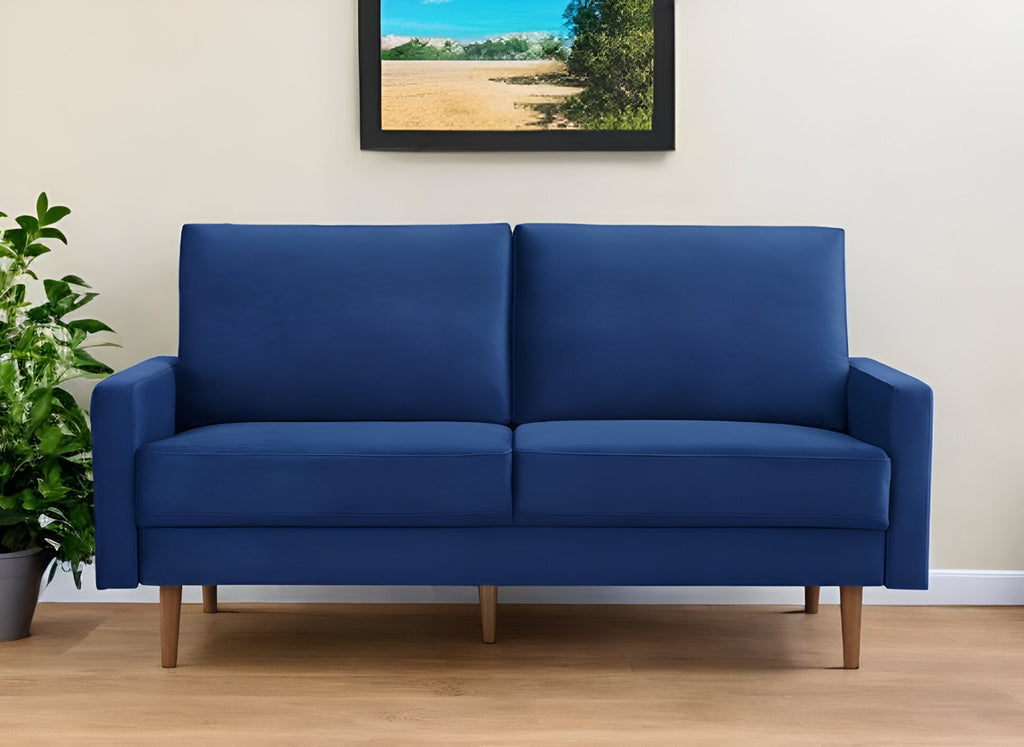 69" Blue Velvet Sofa With Dark Brown Legs-1