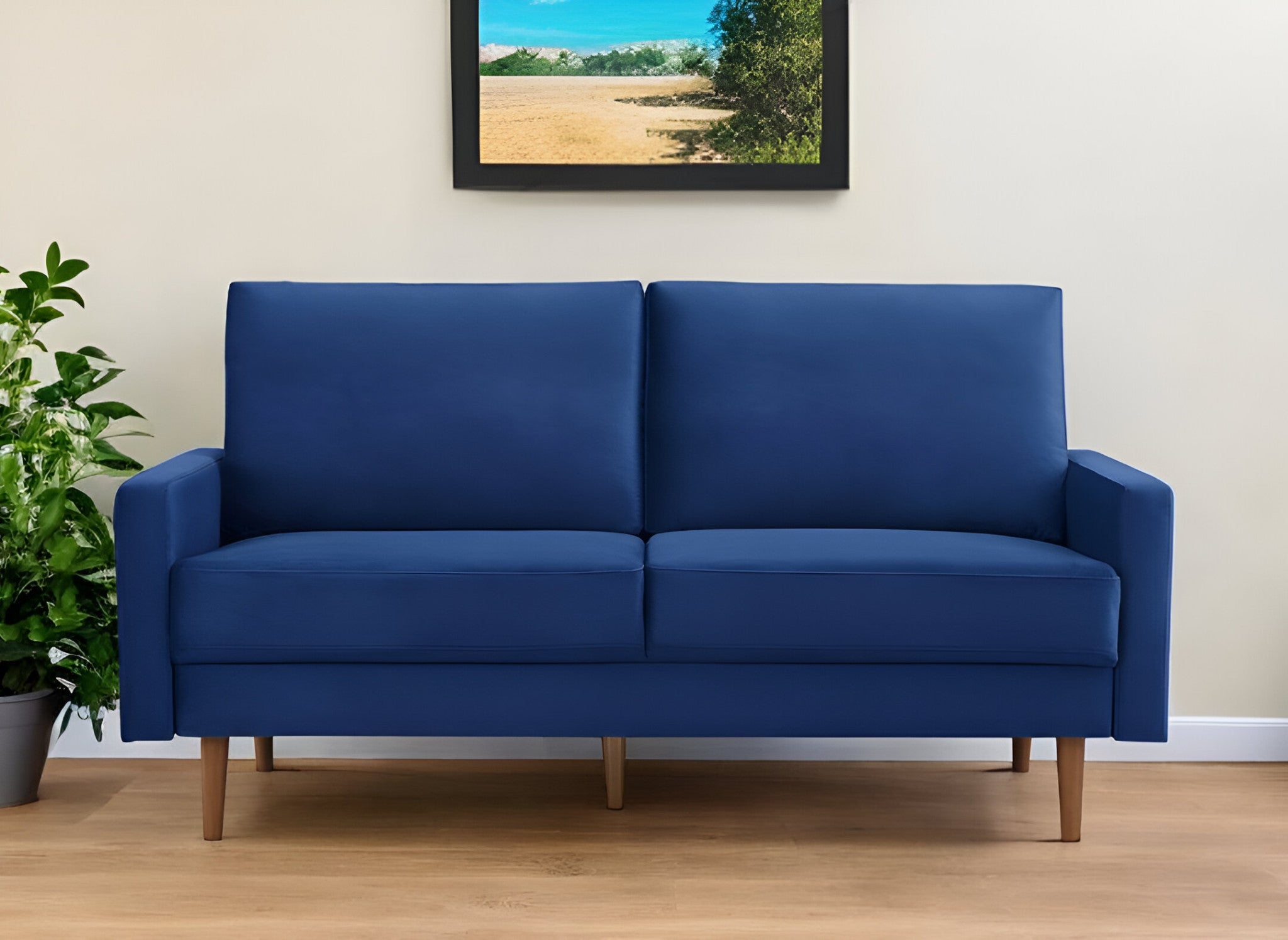 69" Blue Velvet Sofa With Dark Brown Legs-1