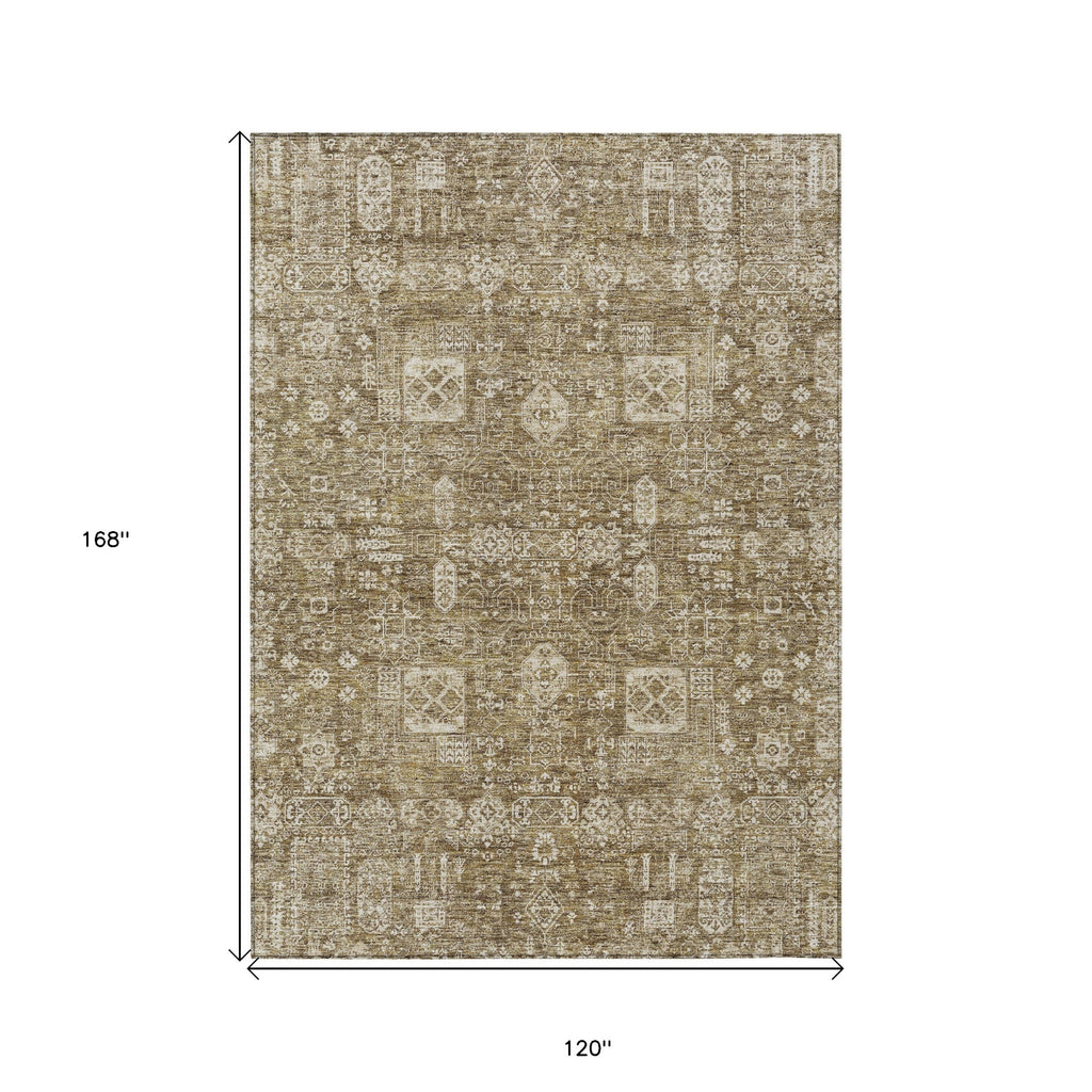 10' X 14' Brown Beige And Ivory Oriental Washable Indoor Outdoor Area Rug-2
