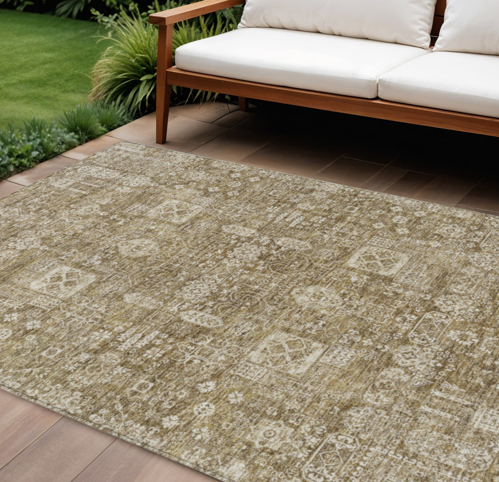 10' X 14' Brown Beige And Ivory Oriental Washable Indoor Outdoor Area Rug-0