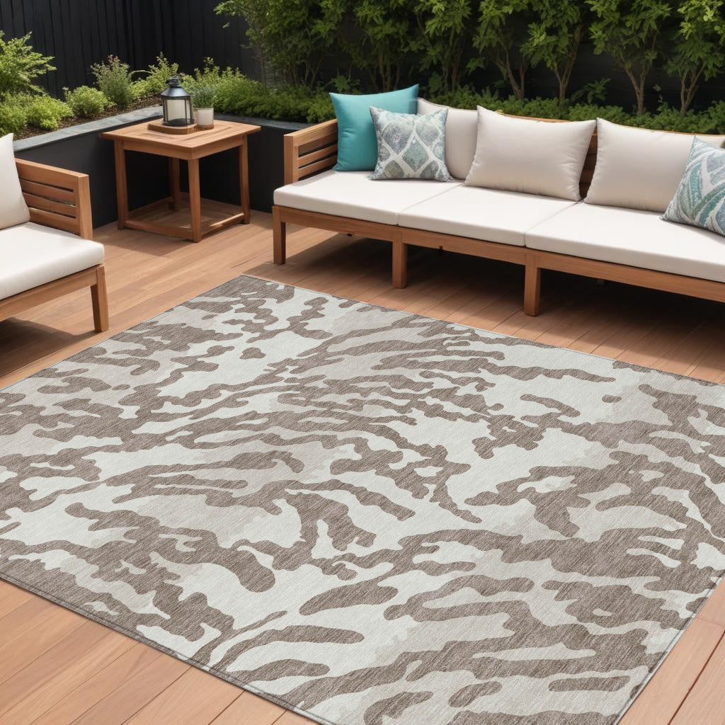 10' X 14' Taupe Brown And Ivory Animal Print Washable Indoor Outdoor Area Rug-0
