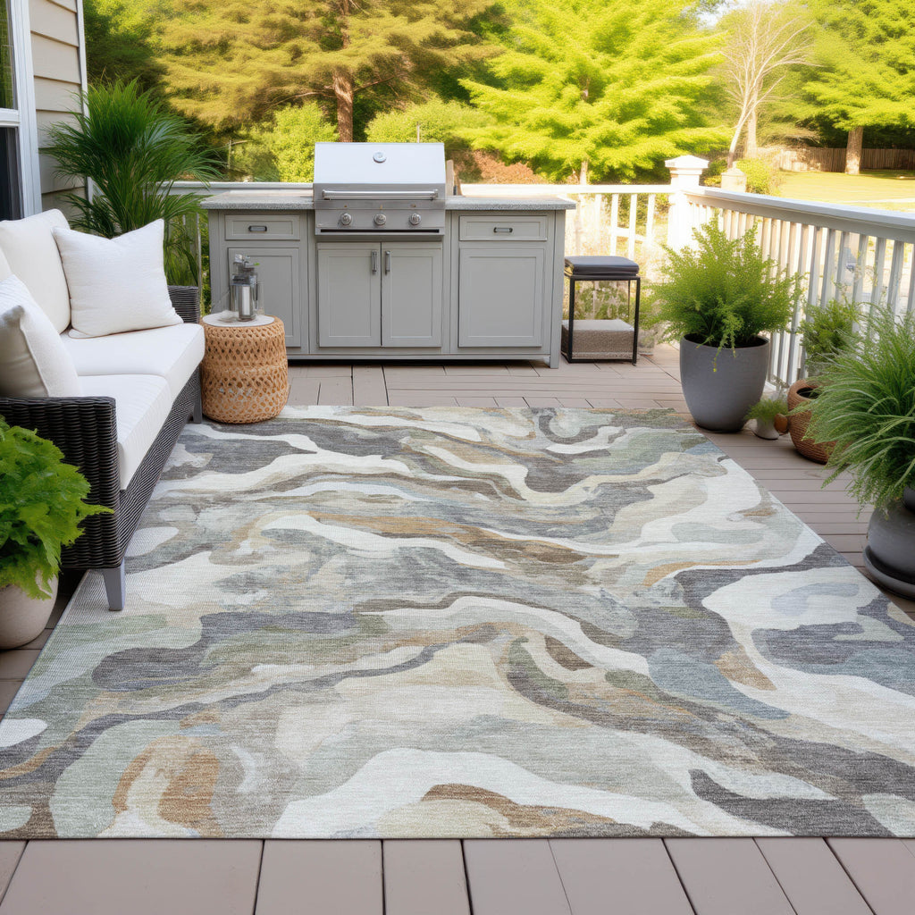 10' X 14' Khaki Ivory And Beige Abstract Washable Indoor Outdoor Area Rug-6