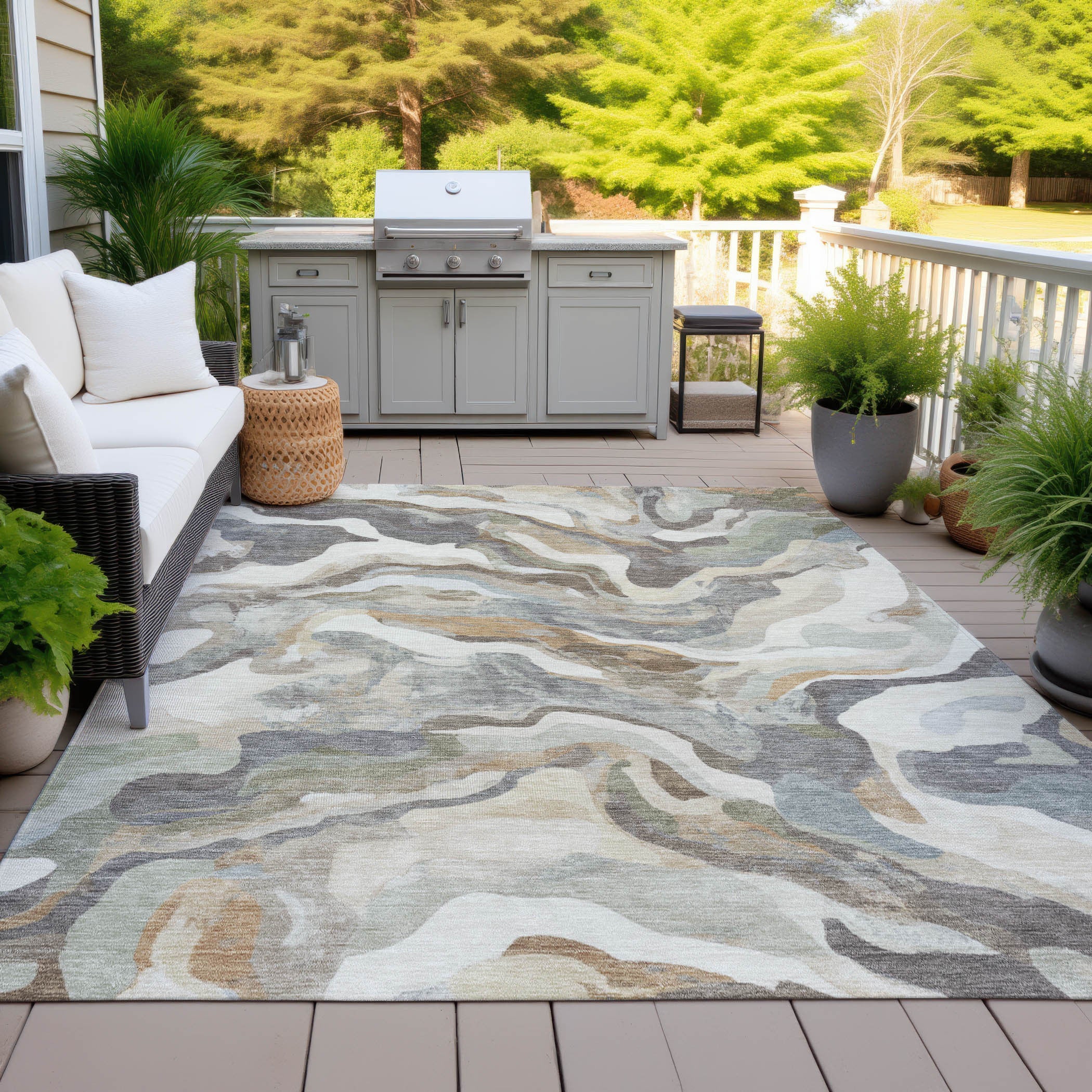 10' X 14' Khaki Ivory And Beige Abstract Washable Indoor Outdoor Area Rug-6