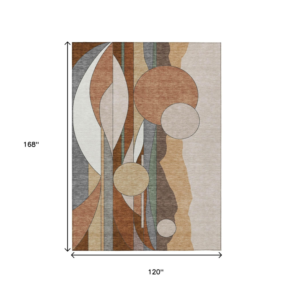 10' X 14' Copper And Ivory Geometric Washable Indoor Outdoor Area Rug-2