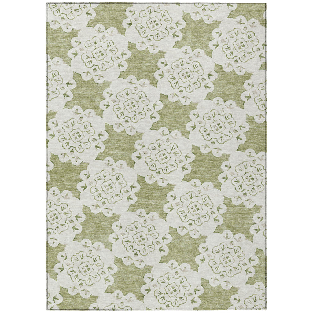 10' X 14' Artichoke Green And Ivory Quatrefoil Washable Indoor Outdoor Area Rug-1