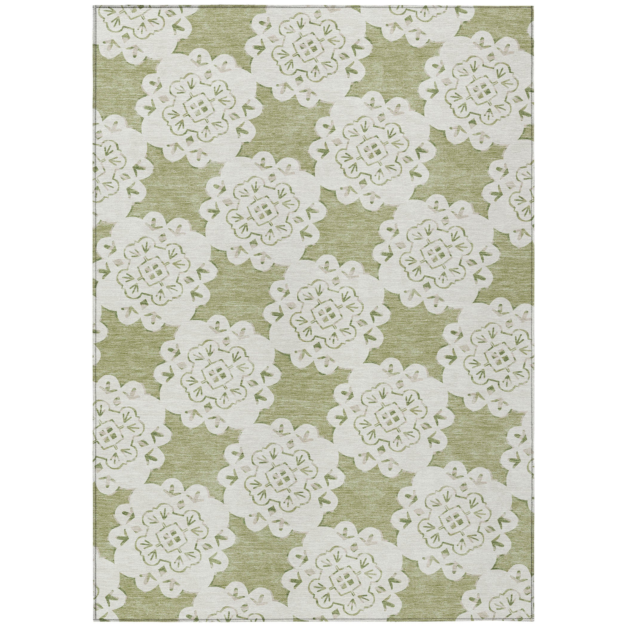 10' X 14' Artichoke Green And Ivory Quatrefoil Washable Indoor Outdoor Area Rug-1