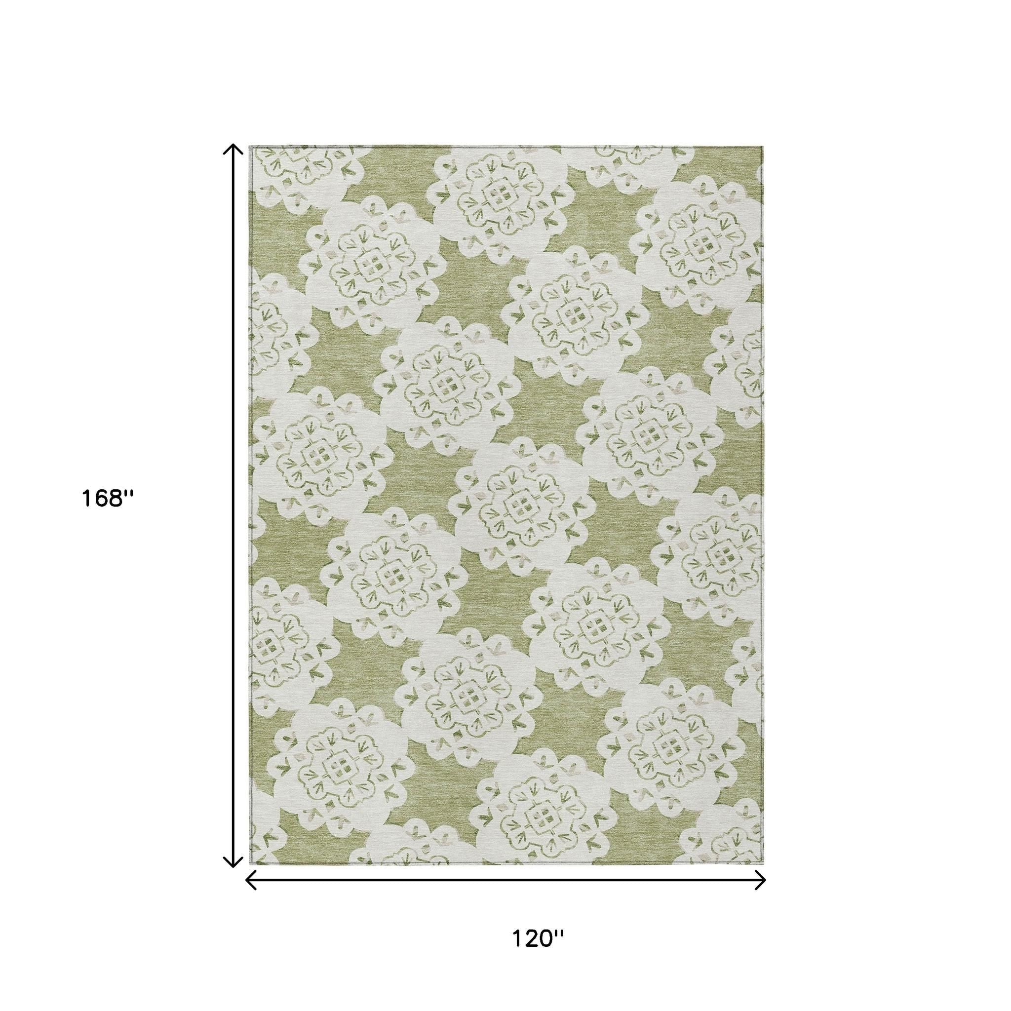 10' X 14' Artichoke Green And Ivory Quatrefoil Washable Indoor Outdoor Area Rug-2
