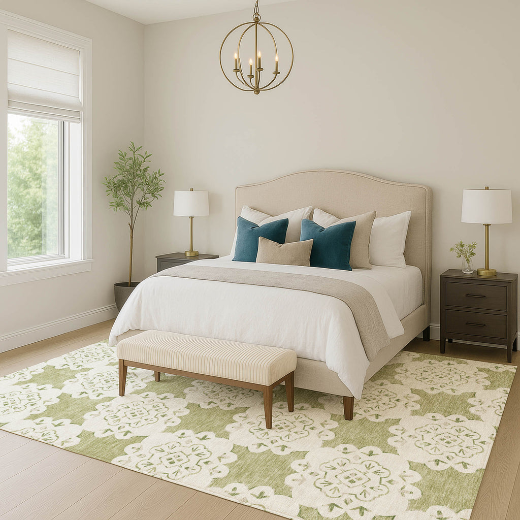 10' X 14' Artichoke Green And Ivory Quatrefoil Washable Indoor Outdoor Area Rug-6