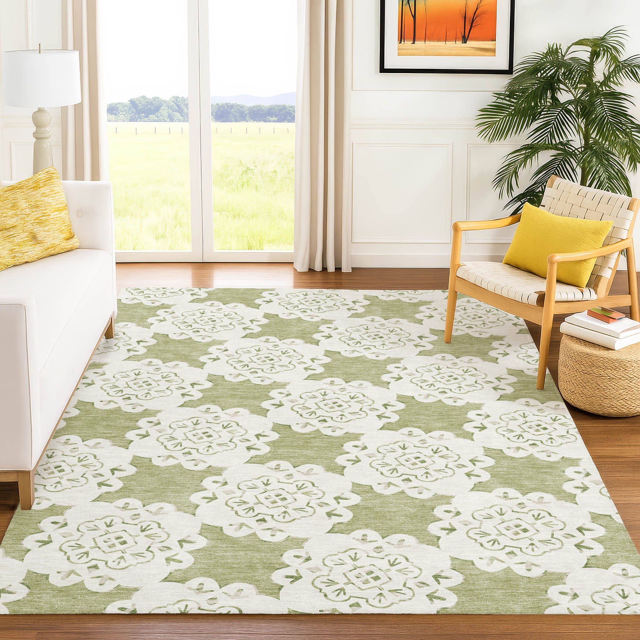 10' X 14' Artichoke Green And Ivory Quatrefoil Washable Indoor Outdoor Area Rug-7