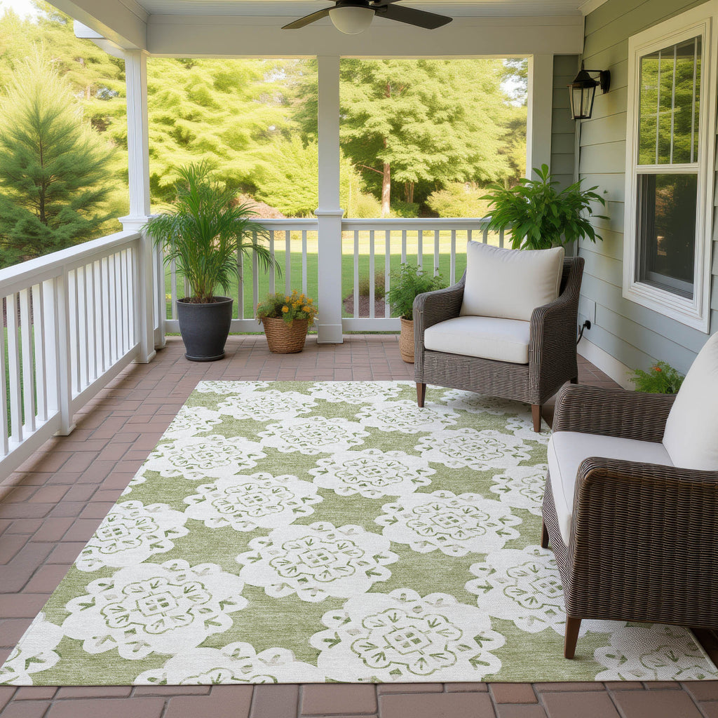 10' X 14' Artichoke Green And Ivory Quatrefoil Washable Indoor Outdoor Area Rug-8