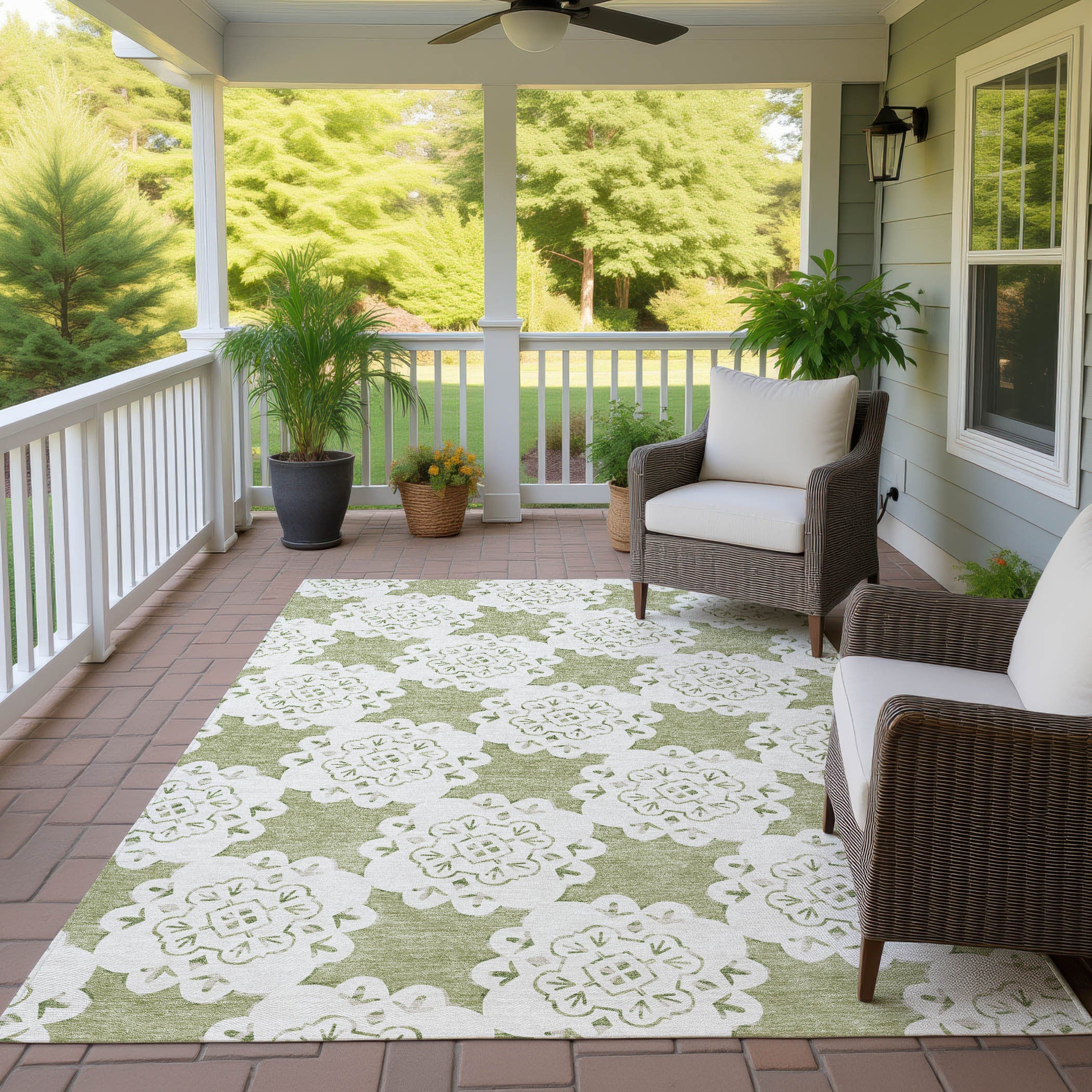 10' X 14' Artichoke Green And Ivory Quatrefoil Washable Indoor Outdoor Area Rug-8