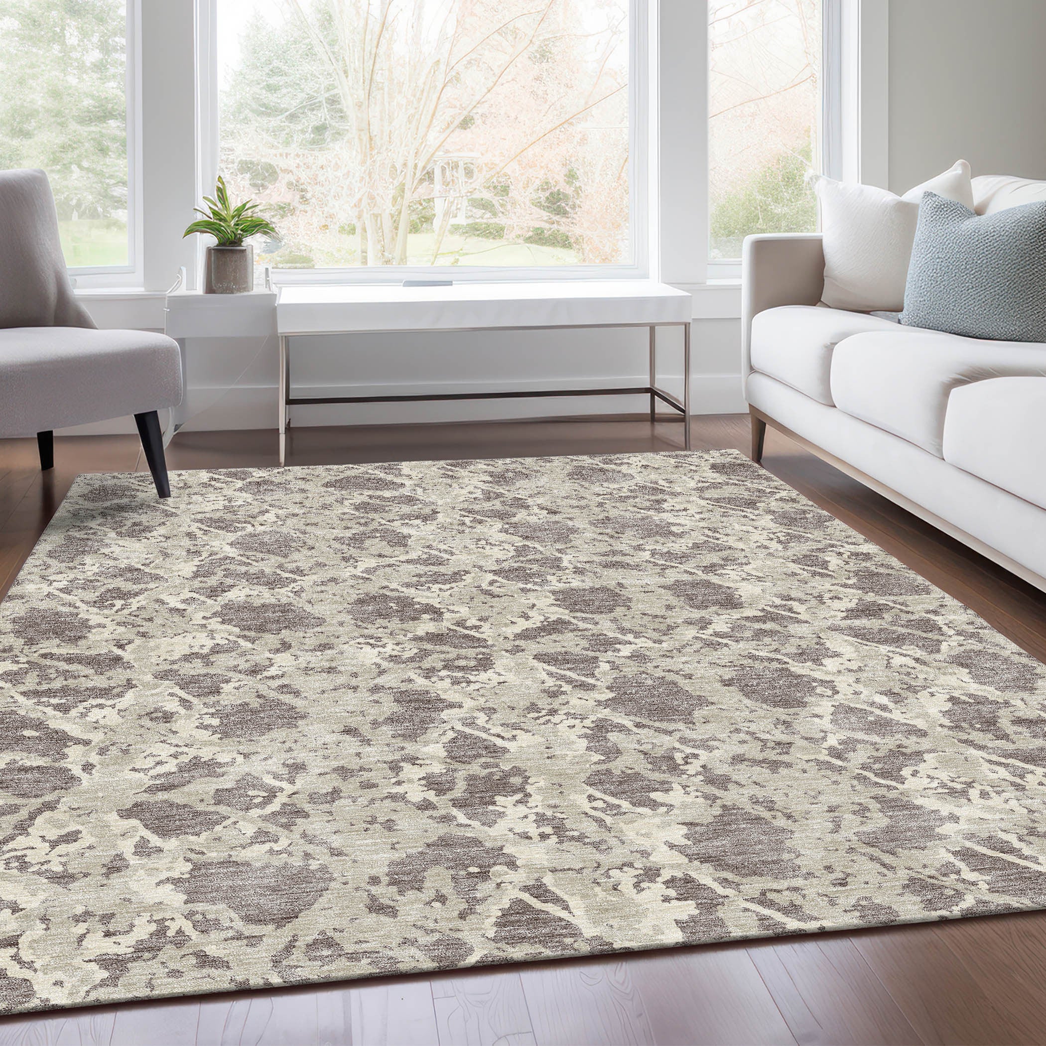 9' X 12' Taupe Beige And Ivory Abstract Washable Area Rug With UV Protection-4